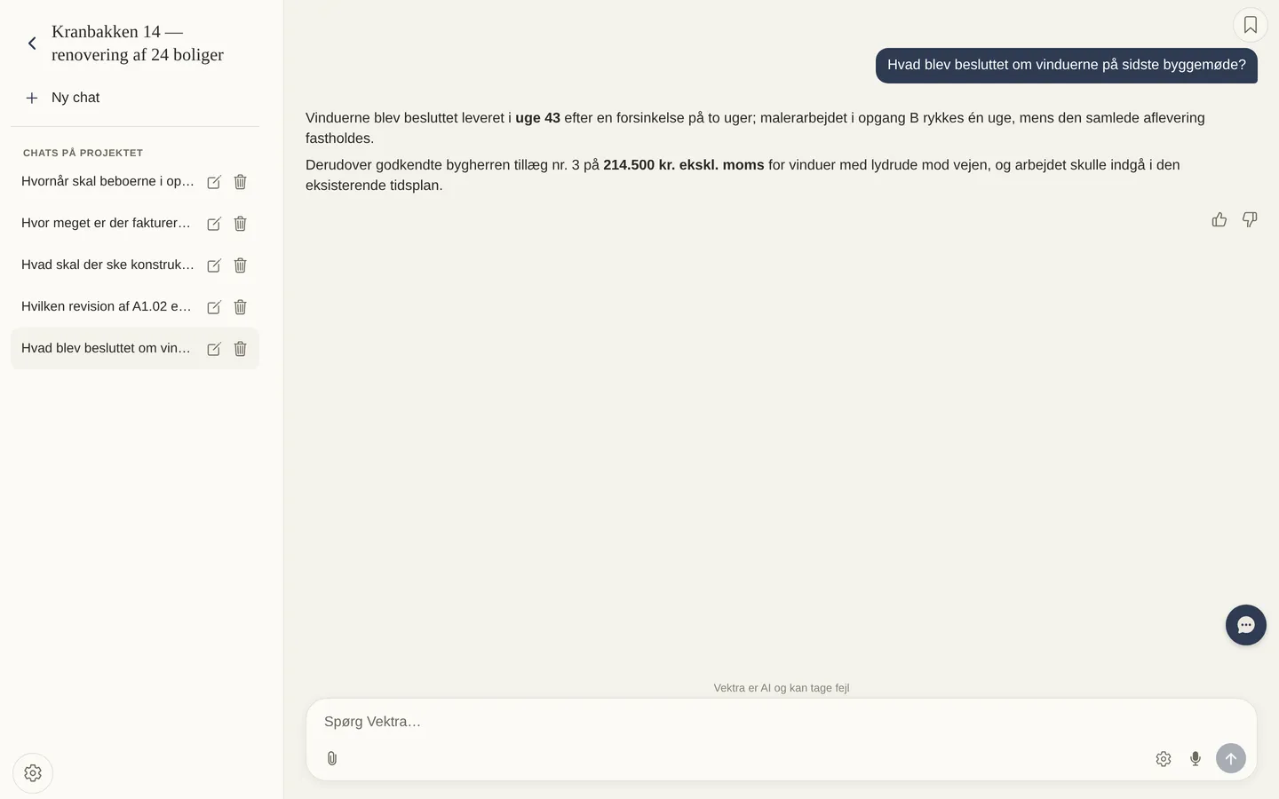 Chatsvar ud fra et byggemødereferat, demo-data